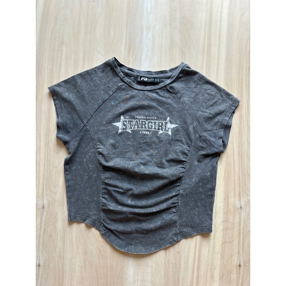 FB Sister Women Crop Top S Gray Stargirl Acid Wash Ruched Graphic Tee Y2K Grunge